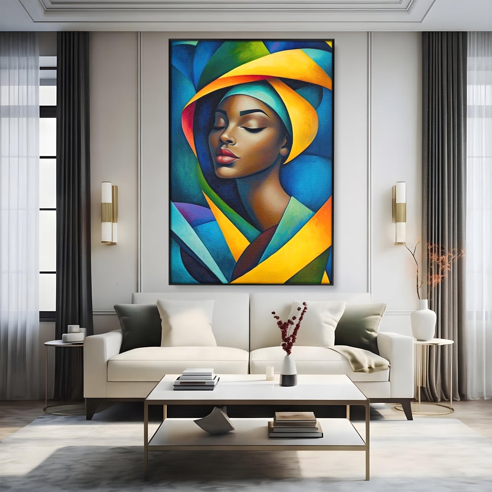 Tablou canvas cu tablou canvas cu portret feminin geometric, in rama de aluminiu negru, pe perete intr-un living